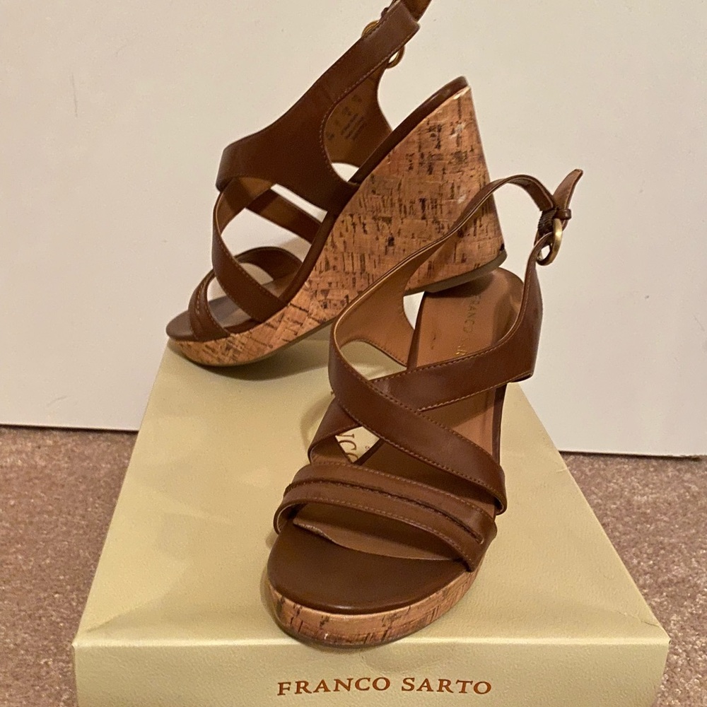 Pair of light brown strappy Franco Sarto sandal wedges!!
